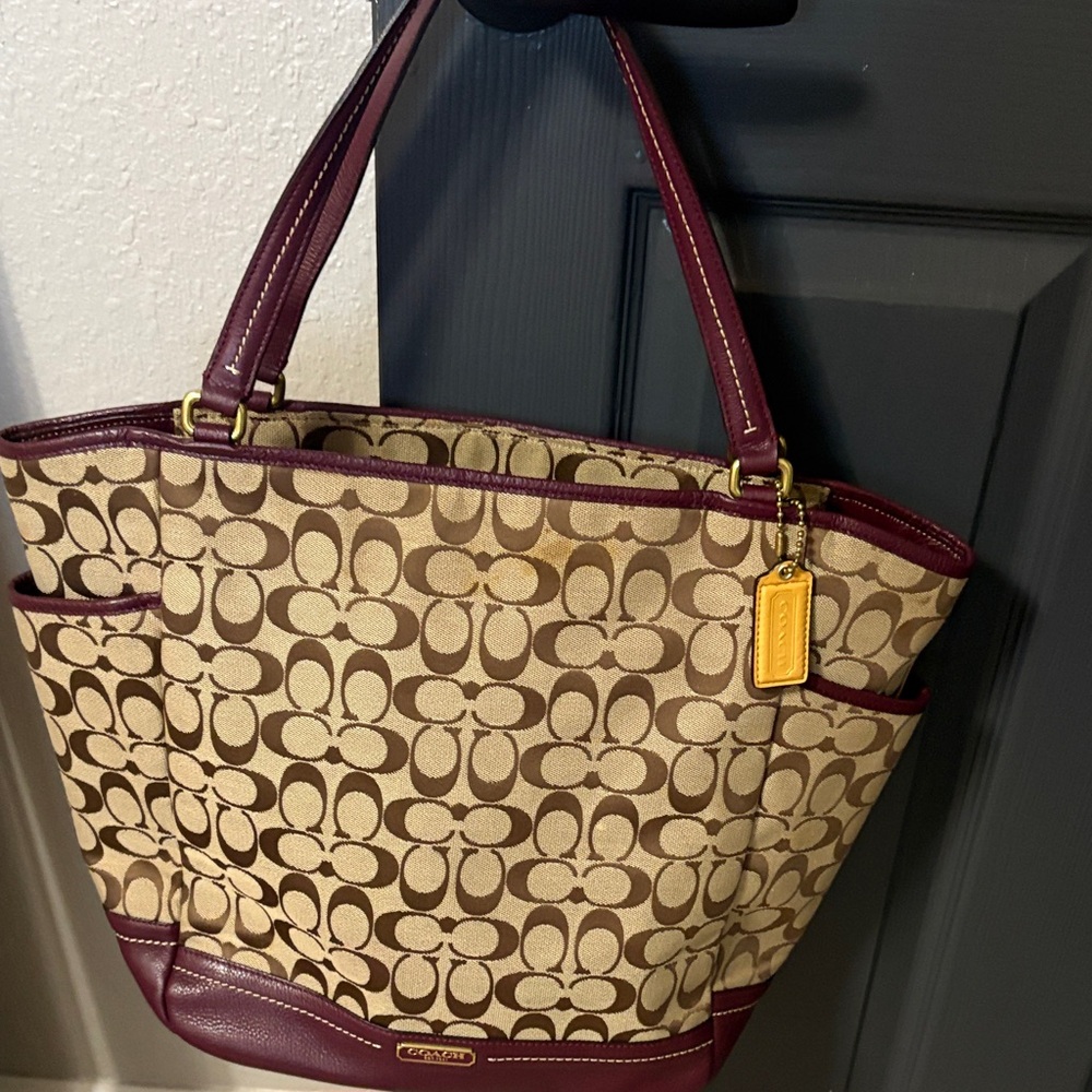 Coach Signature Canvas Tote - Brown and Burgundy